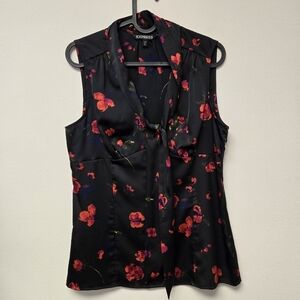 Express Floral Sleeveless Blouse Black Red M